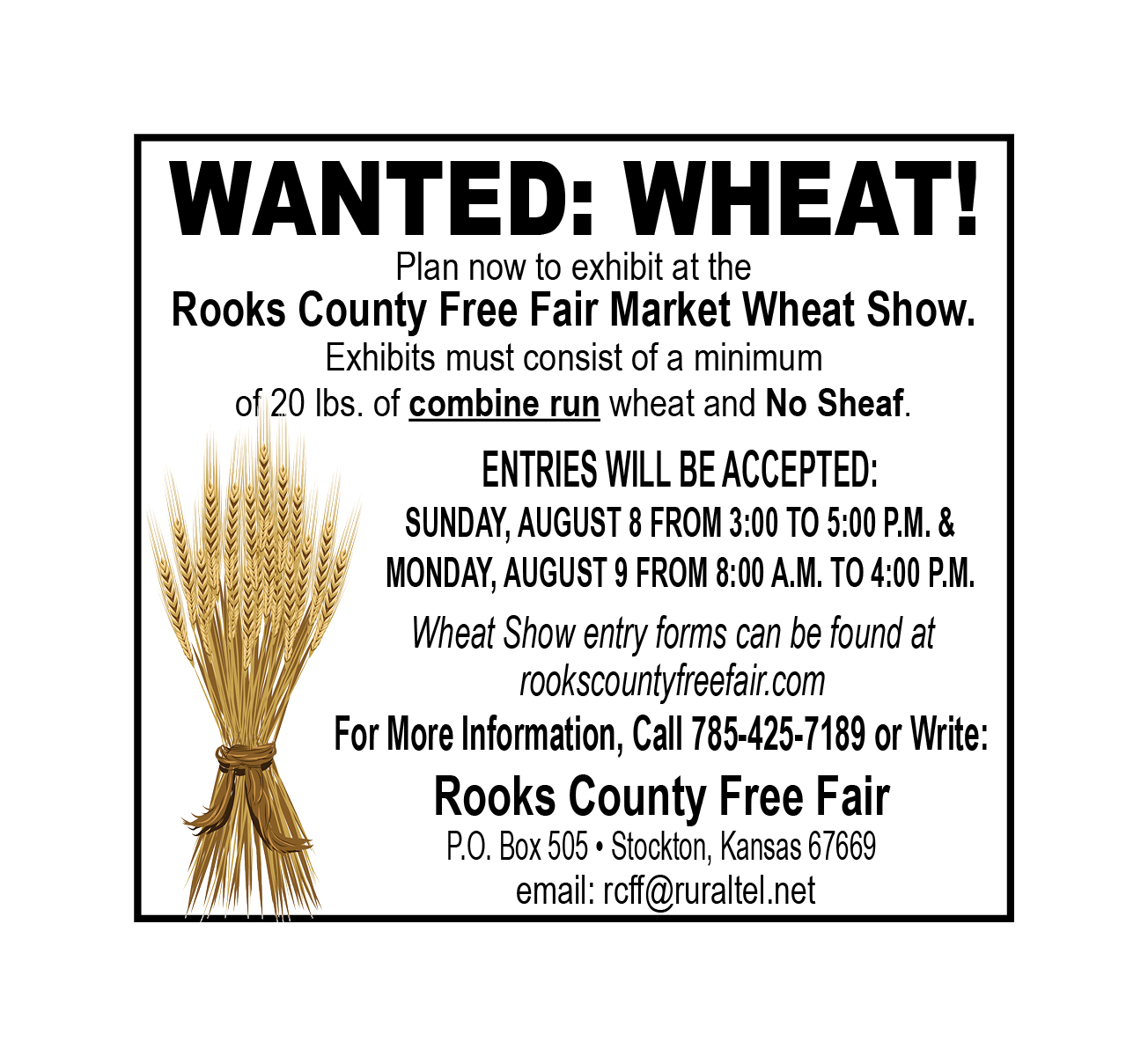 Wanted Wheat to exhibit at the Rooks County Free Fair Stockton Sentinel
